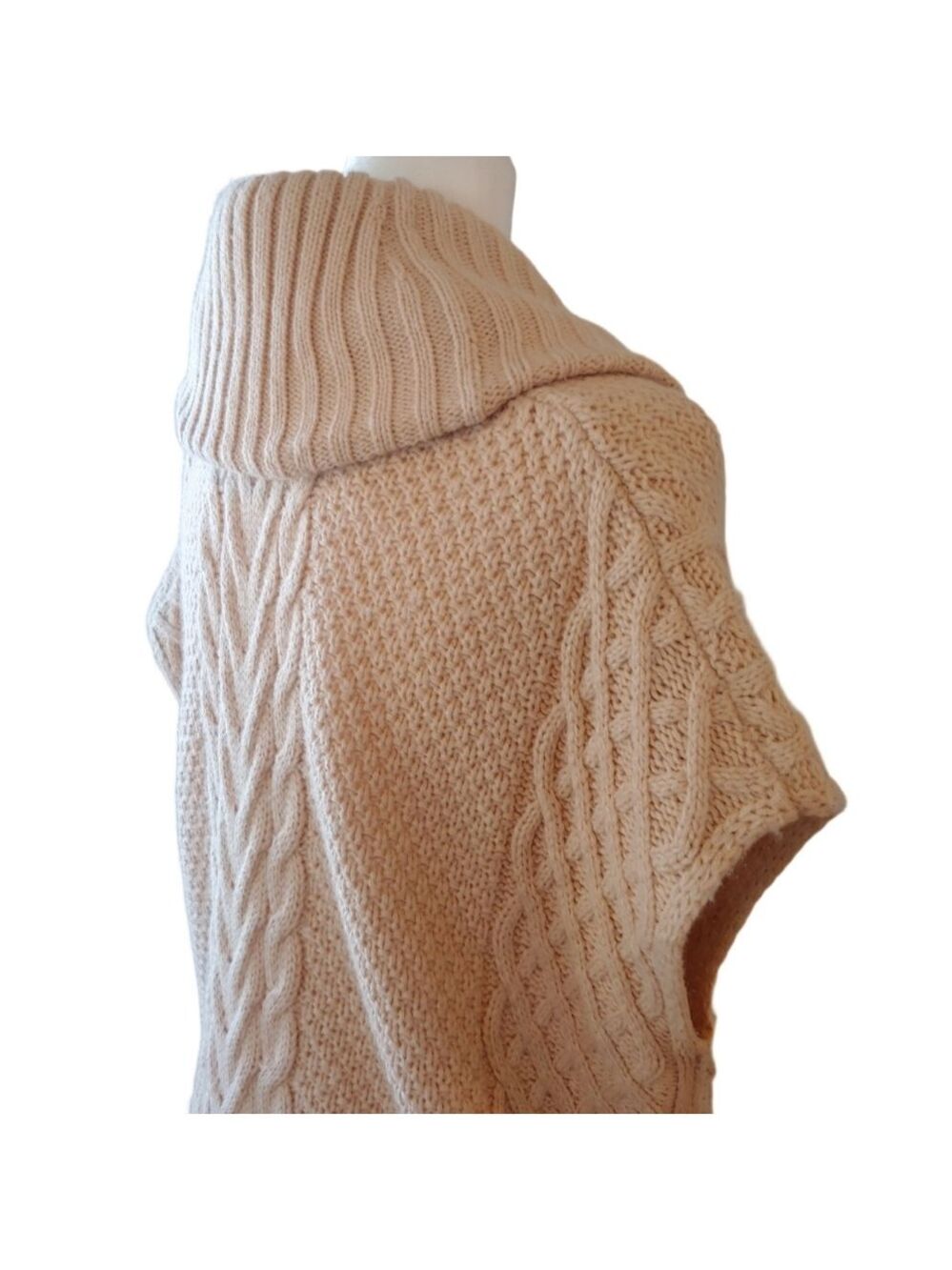 Saks Fifth Ave Wool Blend Cream Cable Knit Cowl Sweater with Side Belts Small - Picture 9 of 16